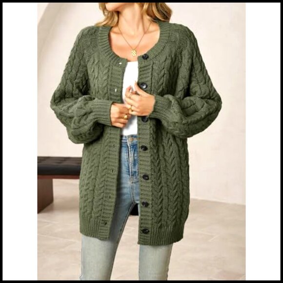 Oversized Cable Knit Cardigan, Chunky Button Down, Lantern Sleeve, Crew Neck - Picture 3 of 6